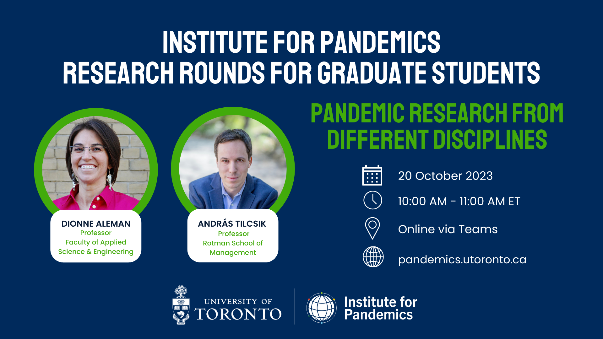 Graphic with headshots of presenters and event details of research rounds for graduate students