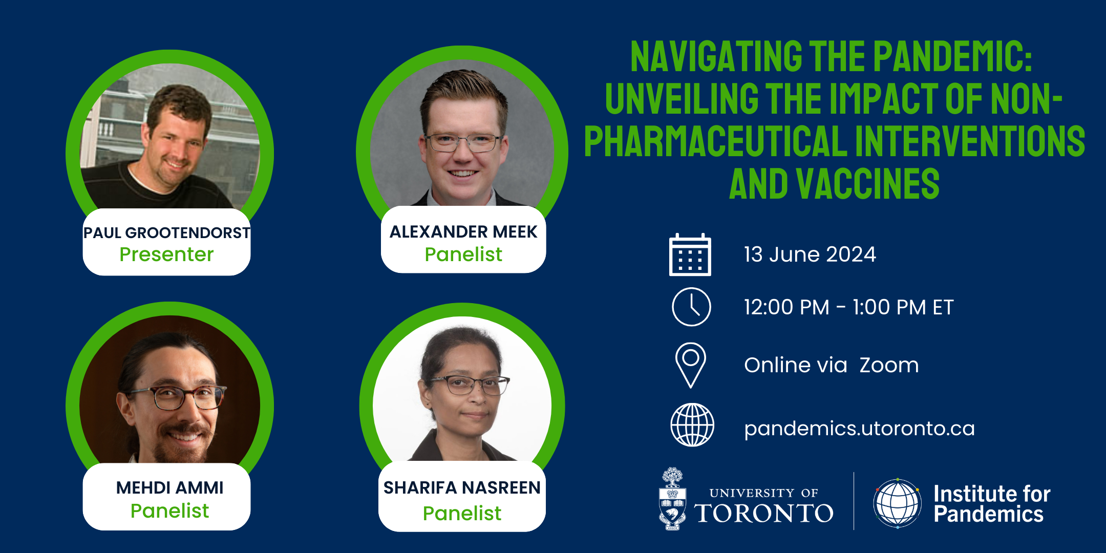 Graphic with event details and headshots of the speakers for "Navigating the Pandemic: Unveiling the Impact of Non-Pharmaceutical Interventions and Vaccines"